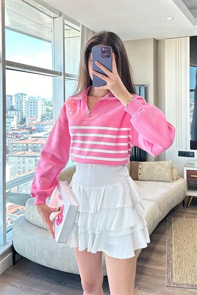 ENA YAKASI FERMUARLI SWEAT-Pembe