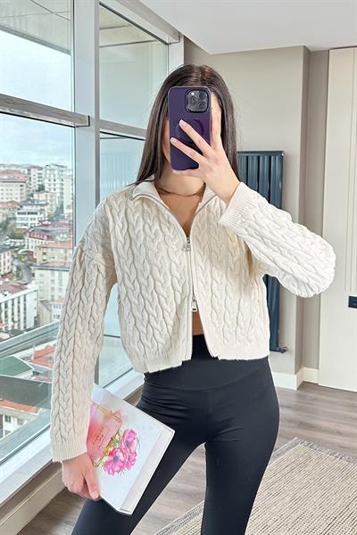 FERMUARLI SAÇ ÖRGÜ HIRKA-Ekru