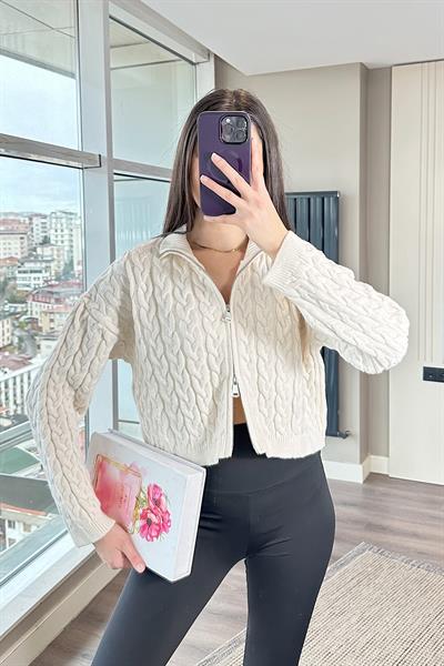 FERMUARLI SAÇ ÖRGÜ HIRKA-Ekru
