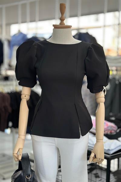 FİYONK İNCİLİ BALON KOL BLUZ-Siyah