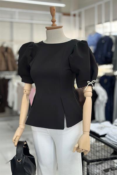 FİYONK İNCİLİ BALON KOL BLUZ-Siyah