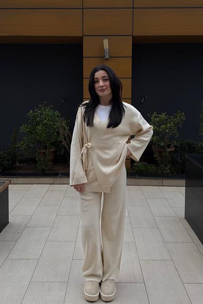 GENİŞ KOL KİMONO TRİKO TAKIM-Bej