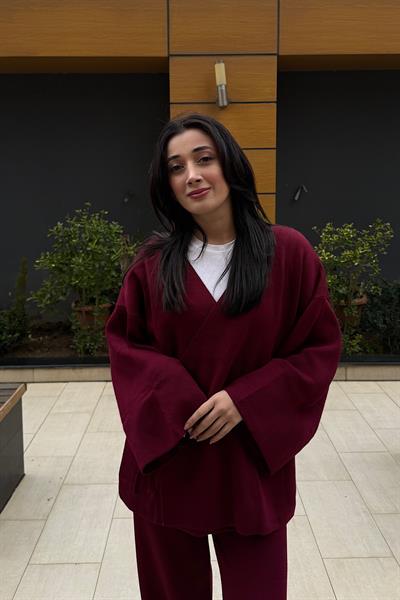 GENİŞ KOL KİMONO TRİKO TAKIM-Bordo