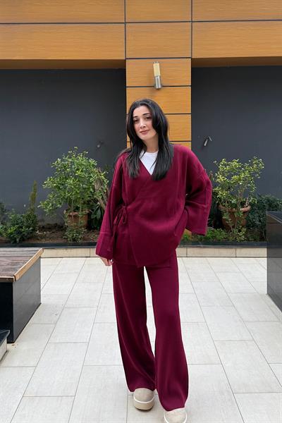 GENİŞ KOL KİMONO TRİKO TAKIM-Bordo