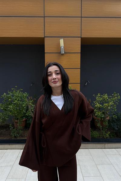 GENİŞ KOL KİMONO TRİKO TAKIM-Kahve