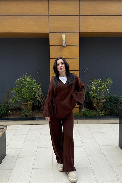 GENİŞ KOL KİMONO TRİKO TAKIM-Kahve