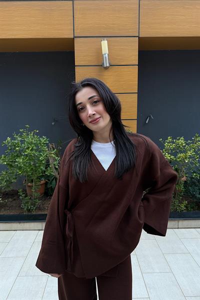 GENİŞ KOL KİMONO TRİKO TAKIM-Kahve