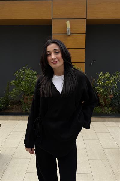 GENİŞ KOL KİMONO TRİKO TAKIM-Siyah