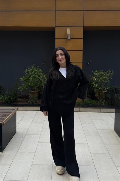 GENİŞ KOL KİMONO TRİKO TAKIM-Siyah