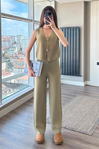 GOLD DÜĞMELİ YELEK TAKIM-Yeşil