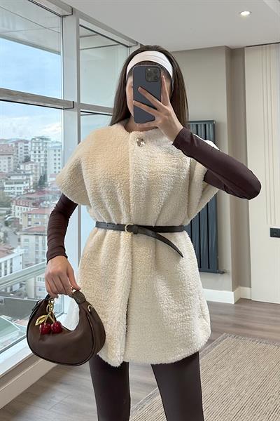 KAHVE KEMERLİ PELUŞ YELEK-Ekru