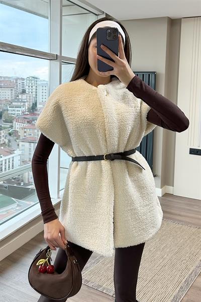 KAHVE KEMERLİ PELUŞ YELEK-Ekru