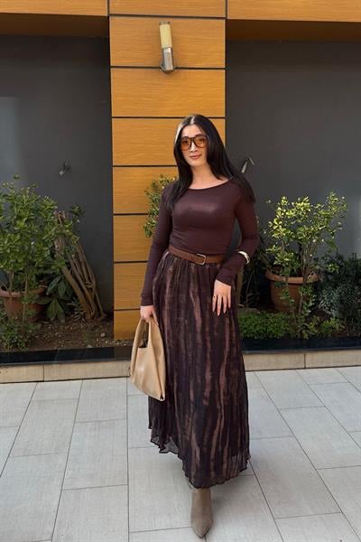 KEMERLİ DESENLİ ŞİFON ETEK-Kahve