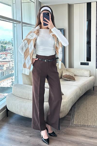 KEMERLİ DOUBLE PAÇA PANTOLON-kahve 