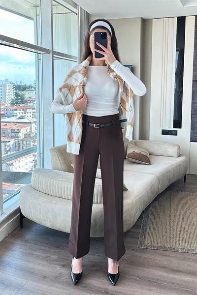 KEMERLİ DOUBLE PAÇA PANTOLON-kahve 