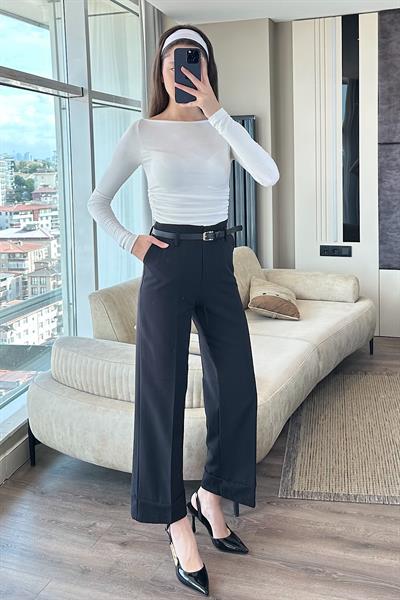 KEMERLİ DOUBLE PAÇA PANTOLON-Siyah