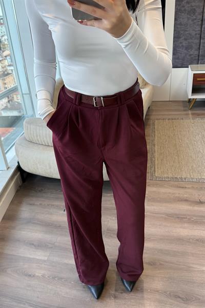 KEMERLİ PALAZZO PANTOLON-Bordo