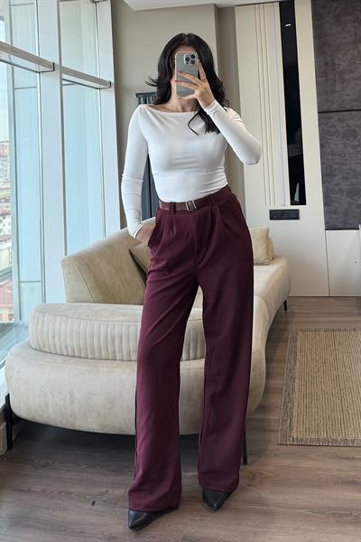 KEMERLİ PALAZZO PANTOLON-Bordo