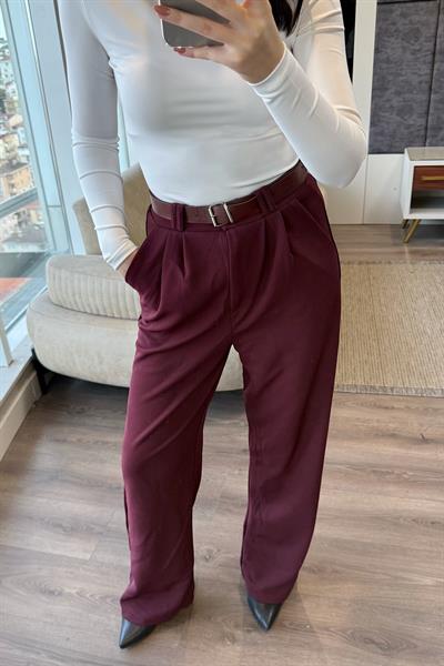 KEMERLİ PALAZZO PANTOLON-Bordo