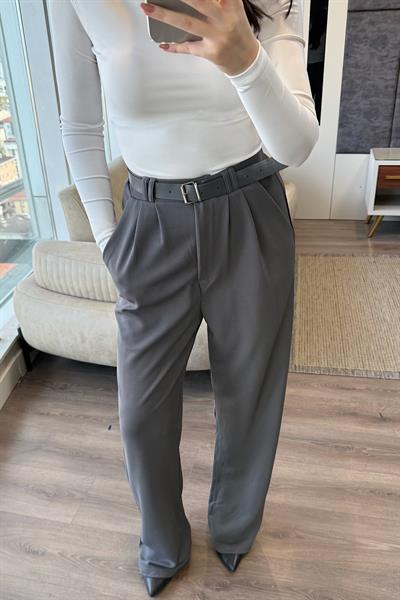 KEMERLİ PALAZZO PANTOLON-Gri