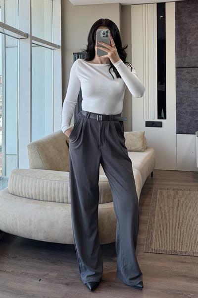 KEMERLİ PALAZZO PANTOLON-Gri