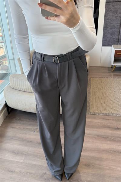 KEMERLİ PALAZZO PANTOLON-Gri