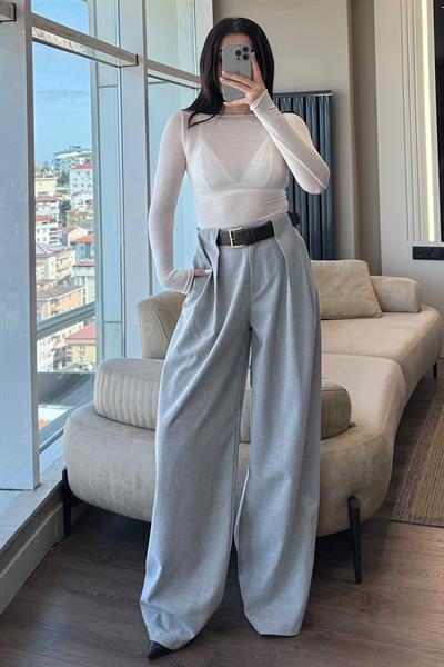 KEMERLİ PALAZZO PANTOLON-Gri