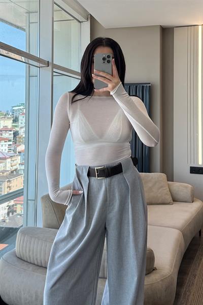 KEMERLİ PALAZZO PANTOLON-Gri