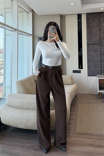KEMERLİ PALAZZO PANTOLON-Kahve