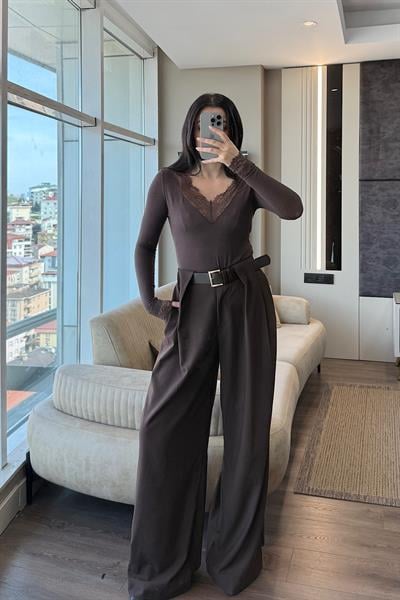 KEMERLİ PALAZZO PANTOLON-kahve