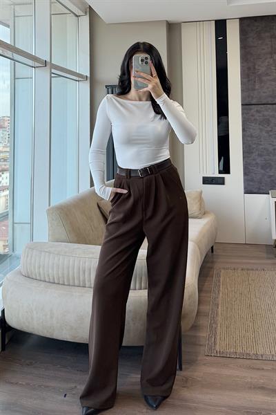 KEMERLİ PALAZZO PANTOLON-Kahve