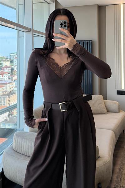 KEMERLİ PALAZZO PANTOLON-kahve