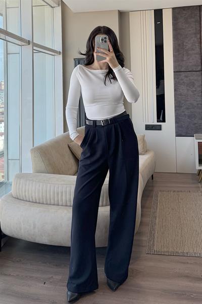 KEMERLİ PALAZZO PANTOLON-Lacivert