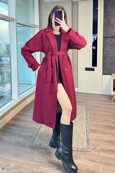 KOLU KEMERLİ PREMIUM KAŞE KABAN-Bordo