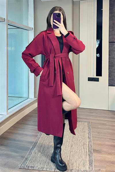 KOLU KEMERLİ PREMIUM KAŞE KABAN-Bordo