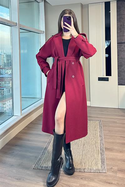 KOLU KEMERLİ PREMIUM KAŞE KABAN-Bordo