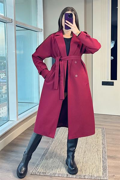 KOLU KEMERLİ PREMIUM KAŞE KABAN-Bordo