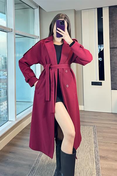KOLU KEMERLİ PREMIUM KAŞE KABAN-Bordo