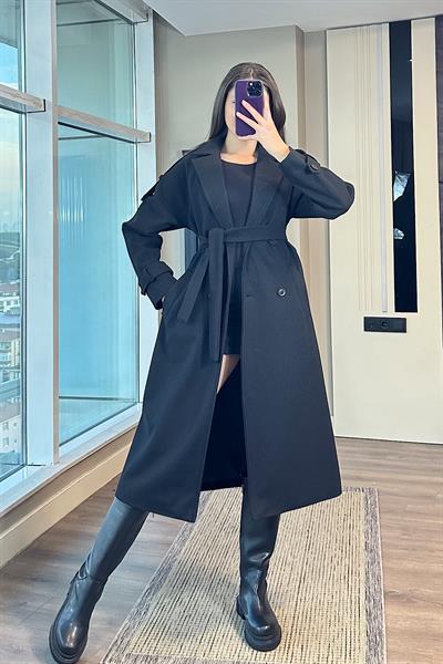 KOLU KEMERLİ PREMIUM KAŞE KABAN-Siyah