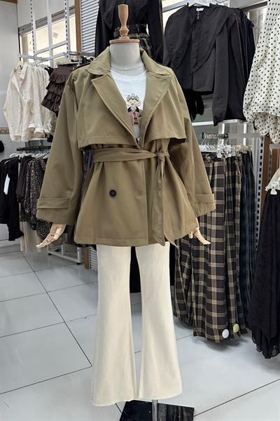 KUŞAKLI KISA TRENCH-Yeşil
