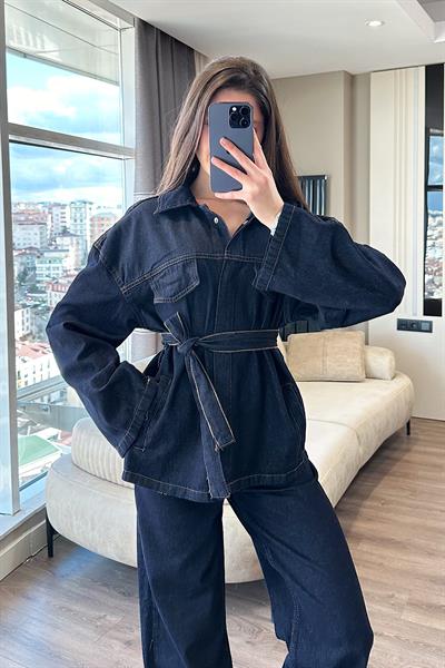 KUŞAKLI KOT İKİLİ TAKIM-lacivert 