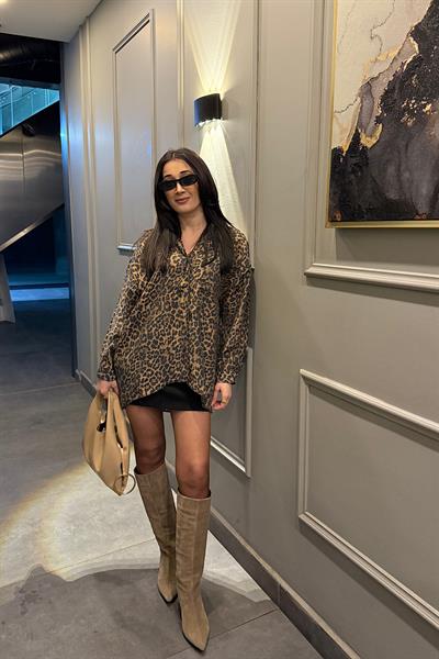 LEOPAR DESEN OVERSİZE GÖMLEK-Kahve