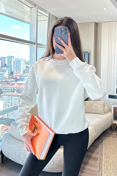 LİORA BİSİKLET YAKA ŞARDONLU SWEAT-beyaz