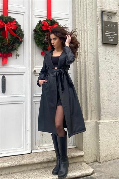 LORE KUŞAKLI DERİ TRENÇ - SİYAH