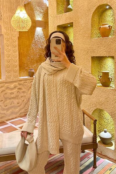 LOREN SAÇ ÖRGÜ ŞALLI TAKIM - EKRU