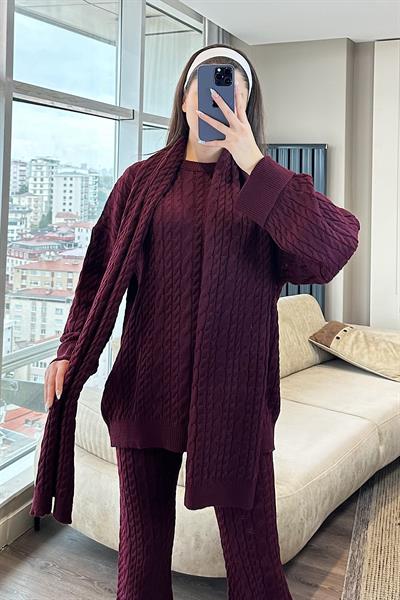 LOREN SAÇ ÖRGÜ ŞALLI TRİKO TAKIM-Bordo 