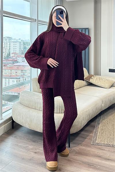 LOREN SAÇ ÖRGÜ ŞALLI TRİKO TAKIM-Bordo 