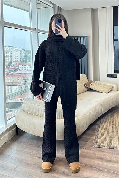 LOREN SAÇ ÖRGÜ ŞALLI TRİKO TAKIM-Siyah