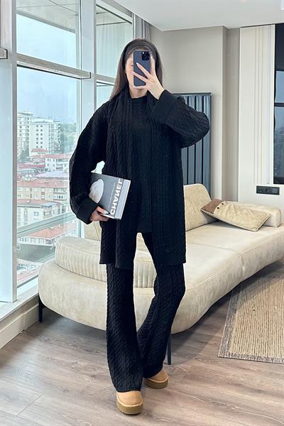 LOREN SAÇ ÖRGÜ ŞALLI TRİKO TAKIM-Siyah