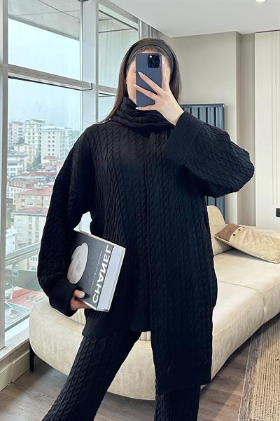 LOREN SAÇ ÖRGÜ ŞALLI TRİKO TAKIM-Siyah